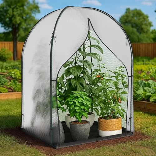 SUNYRISY Gewächshaus Klein Überwinterungszelt für Pflanzen 3-lagige Blasenfilm Tomatengewächshaus Foliengewächshaus für Balkon Garten mit Wasserdicht Bodenplane L 120 x B 120 x H 180 cm