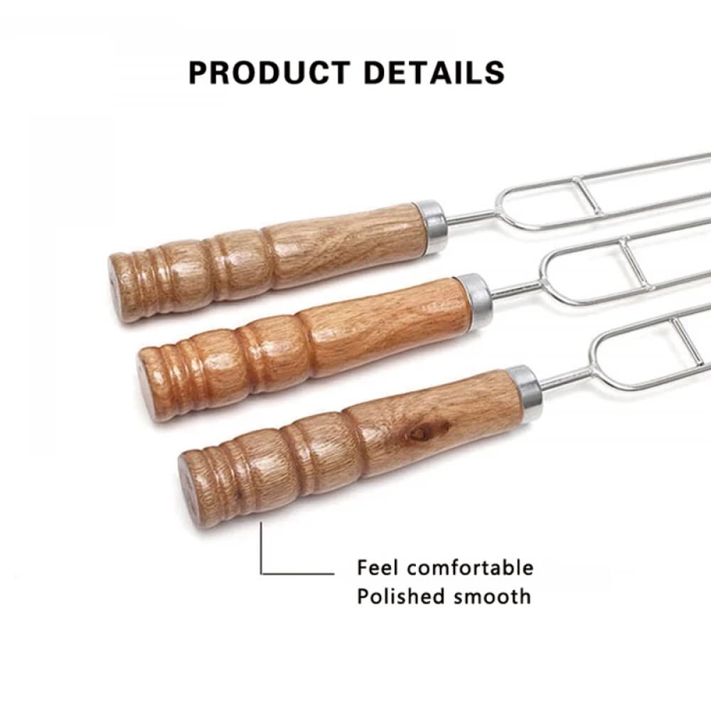 HMTE Tenedor de Acero Inoxidable Aguja Doble Pincho en Forma de U Mango de Madera Aguja de Barbacoa Palo Herramientas de Picnic para Acampar al Aire Libre Cocinar Suministros de Barbacoa