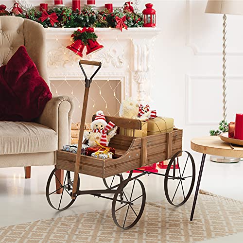 Giantex Decorative Garden Planter, Small Wagon Cart With Metal Wheels, Wood Raised Beds Plant Pot Stand For Backyard Garden Patio 24.5"X13.5"X24" (Natural) #TOP6
