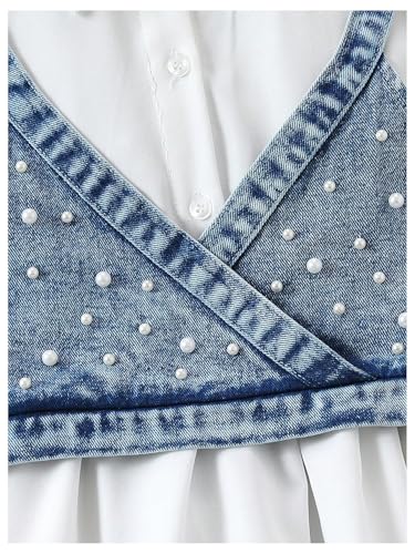 MakeMeChic Girl's 2 Piece Outfits Pearl Beaded Denim Top and Ruffle Tiered Shirt Dress Set4