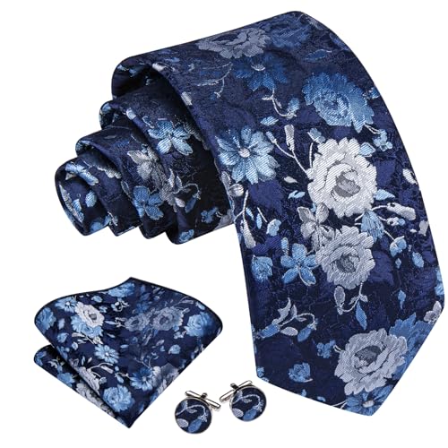 Image of Barry.Wang Flower Ties for Men Handkerchief Cufflinks Set Wedding Necktie Set Party