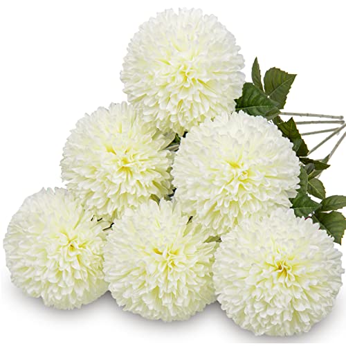 Briful Autumn Artificial Chrysanthemums Ball Flowers 4â??â?? Large Heads Mums Stems Cream White Fake Hydrangea Flowers Bridal Wedding Bouquet for Home Garden Party Wedding Fall Decoration, Set of 6