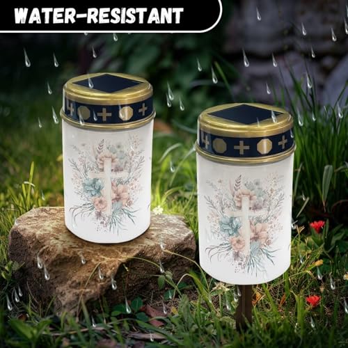 Image of Cross and Floral Light for Prayer Cemetery Solar Lights for Grave Cemetery Decor Candle Lamp Waterproof Solar Power Light Eternal Lights for Graves Cemetery Memorial Gift 2 PCS