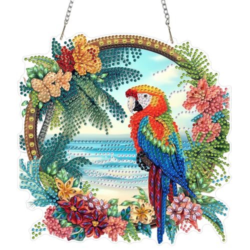 QENSPE Perroquets Peinture Diamant Ornement à Suspendre, Plage Diamond Painting Pendentif pour Adultes Débutants, Spécial Forme Strass Gem Arts Artisanat...