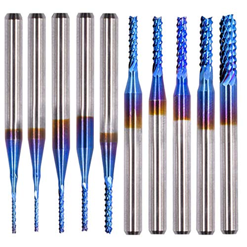 10Pcs Nano Blue Coat End Mill CNC Router Bits,End Mill Rotary Burrs Engraving Machine Drilling Hole Tool for PCB Mould Plastic Fiber Carbon Fiber Hard Woo, 0.8-3mm, 1/8