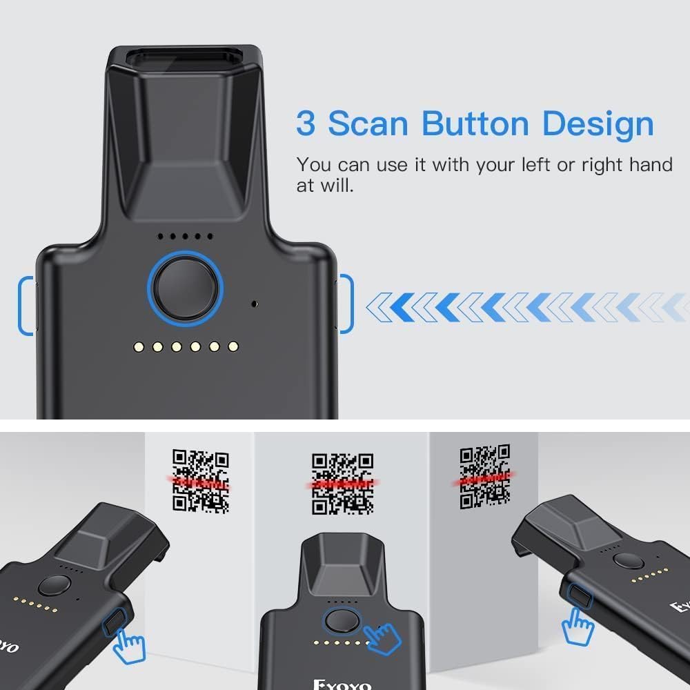 Diagram showing the 3-button scan design of the Eyoyo scanner, indicating flexibility for left or right-hand use.