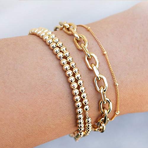 14K Gold Beaded Bracelets For Women,Dainty Gold Plated Chain Link Bracelet Stretchable Adjustable Bracelet(5Pcs)…… #TOP4
