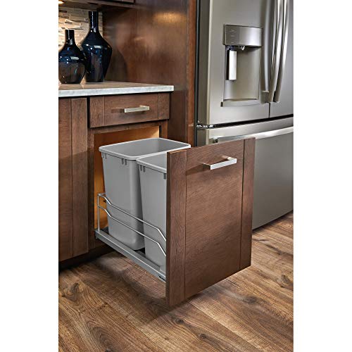 Rev-A-Shelf Double Pull-Out Trash Can for Under Kitchen Cabinets 35 Quart 8.75 Gallon with Soft-Close Slides, Metallic Silver, 53WC-1835SCDM-217