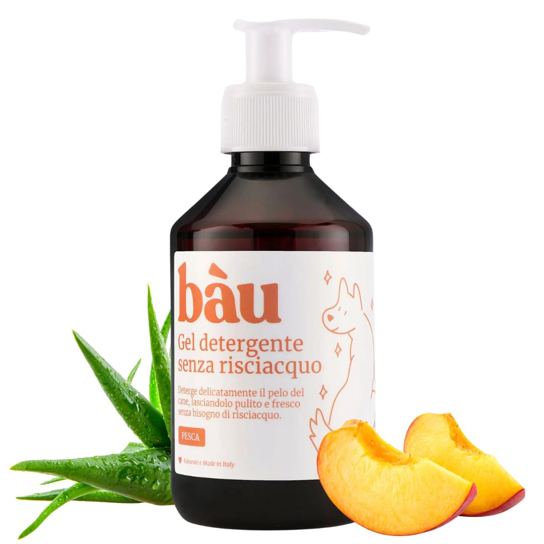 Bau Cosmesi Gel Detergente Senza Risciacquo, Shampoo Secco per Cani, Igienizzante e Idratante - Senza Parabeni e Siliconi, Naturale e Bio con Aloe Vera - Pesca, 250 ml