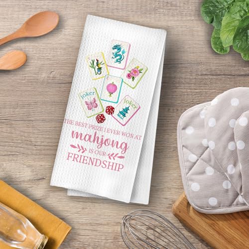 Image of Mahjong Chinoiserie Friendship Towel - Pink Mahjong Chinoiserie Friendship Decorative Waffle Dish Towels, Funny Hand Towel, Gifts Tea Towel for Kitchen, 16x24 Inch
