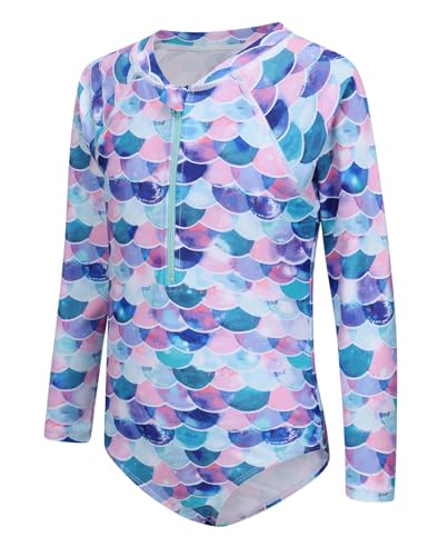 Image of Moon Tree Girls One Piece Swimsuits Long Sleeve Rash Guard Zipper Front Bathing Suit UPF 50+