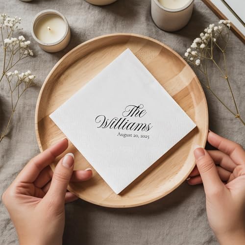 Noni Custom Last Name Wedding Napkins Custom Elegant Cocktail Napkins with Family Name and Date Classic White Napkins for Reception Engagement Bridal Shower Wedding Gifts