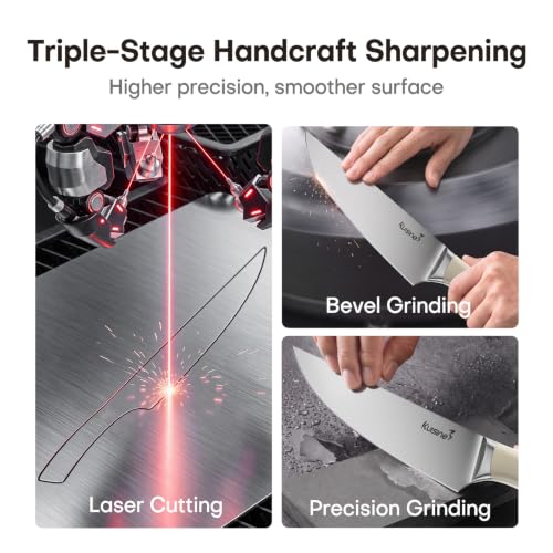 Image of KUISINE Upgraded Knife Set High Carbon Stainless Steel Super Sharp Blade Ergonomic Rivet Handle,Knife Block Set with Built-in Sharpener(Ivory Acacia Pro,15PCS)