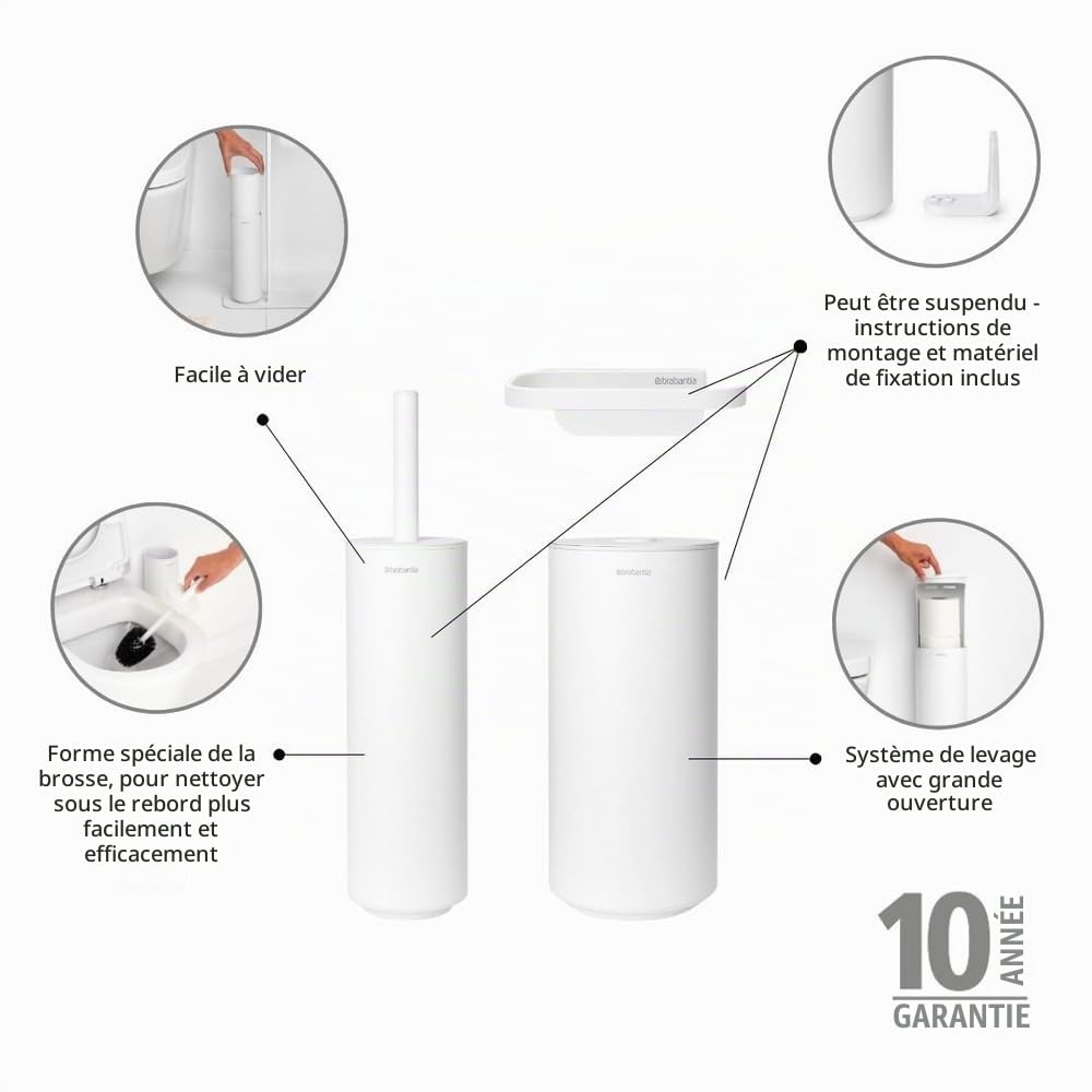 Brabantia - Mindset -Lot de 3 Accessoires de Toilette - Brosse de Toilettes et Support, Porte-Rouleau de Papier hygiénique et Distributeur de Papier hygiénique