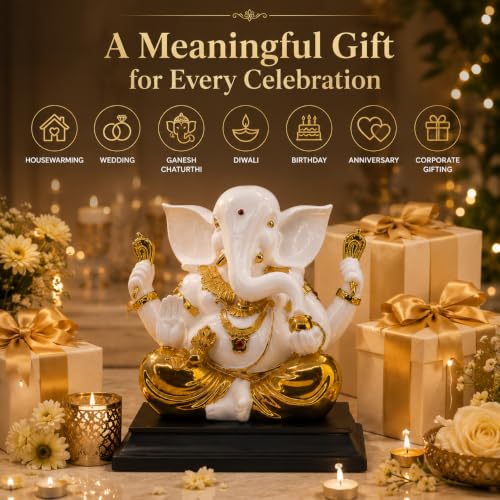 Image of Premium Lord Ganesha Statue - White & Gold Ceramic Ganpati Idol - Luxury Hindu God Figurine for Home Decor, Pooja Mandir, Office, and Auspicious Gifting