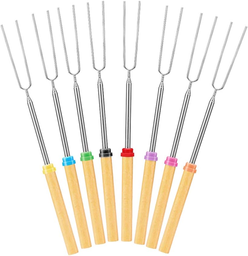 8 Marshmallow Roasting Sticks, 32 Inch Telescoping Hot Dog Forks&Smores Stainless Steel Skewers Extendable for Campfire, Camping Stove Bonfire BBQ Tools with Portable Bag : Patio, Lawn & Garden