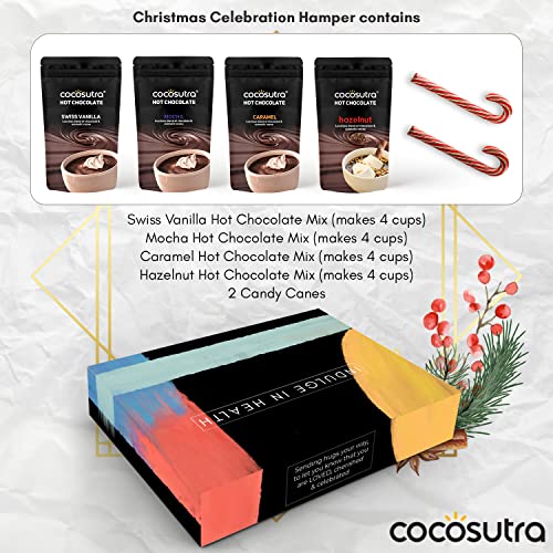 Image of Christmas Special Hot Chocolate Gift Hamper | Swiss Vanilla, Mocha, Caramel & Hazelnut 100g Drinking Chocolate with 2 Candy Canes | 600g Gourmet Hamper