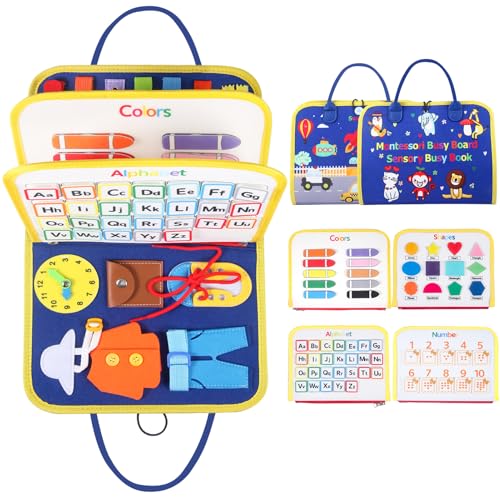 Image of Busy Board for 1 2 3 4 Year Old Toddlers - Preschool Learning Activities Busy Book, Montessori Toys for Fine Motor Skills, Airplane Car Travel Essentials for Kids Boys Girls (Blue)