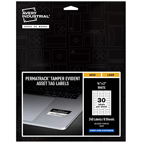 Avery White Asset Tag Labels, 3/4" x 2", Tamper-Evident Laser Printable Tags, 240 Waterproof Labels (60530)