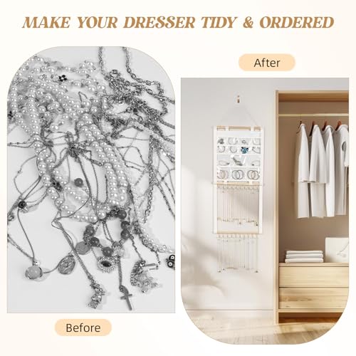 milylove Necklace Holder Wall Mount, Hanging Jewelry Organizer, 20 Hooks & 14 Pockets, Wall Necklace Organizer With Detachable PVC Bags for Tavel, Jewelry Necklace Hanger for Bracelets,Rings Display — view 5