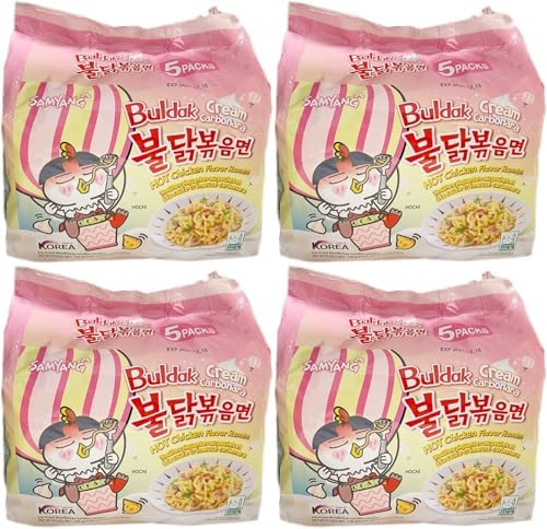 Value Bundle: SAMYANG Noodles - Hot Chicken Flavour Buldak Ramen - Instant Noodles - Instant Ramen - Korean Food - Custom Value Bundle Branded Pack of 20 Total (4 PACK, CREAM CARBONARA) - 1