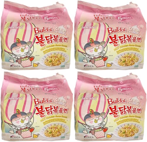 Value Bundle: SAMYANG Noodles - Hot Chicken Flavour Buldak Ramen - Instant Noodles - Instant Ramen - Korean Food - Custom Value Bundle Branded Pack of 20 Total (4 PACK, CREAM CARBONARA)