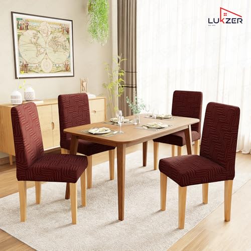 Image of Lukzer Elastic Dining Chair Cover - 1PC Pastel Deep Maroon Ripple Lines | Textured High Stretch Jacquard Seat Cover | Removable Washable Short Dining Chair Cover Protector Seat Slipcover | (CC-165-01)