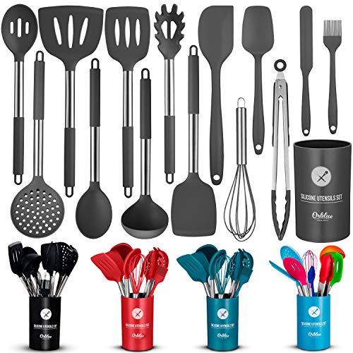 ORBLUE Silicone Cooking Utensil Set 14-Piece Kitchen Utensils with Holder Safe Food-Grade Silicone Heads and Stainless Steel Handles with Heat-Proof Silicone Handle Covers Gray