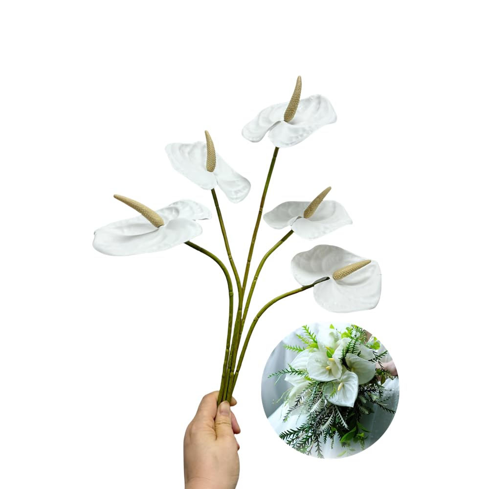 5 PC 24inch Artificial Anthurium Lily Flowers Permanent for Home Decor Bouquet and Green Leaf for Home Bridal Wedding Festival Party Crafts