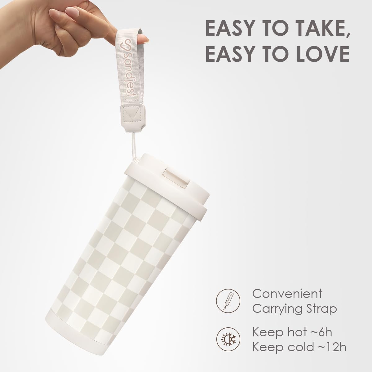 SANDJEST Checkered Tumbler - Stainless Steel 2-in-1 Lid Coffee Tumbler 18 oz, Checker Insulated Travel Mug Gift for Women Girls Teens, Birthday Christmas (Beige) - Image 4