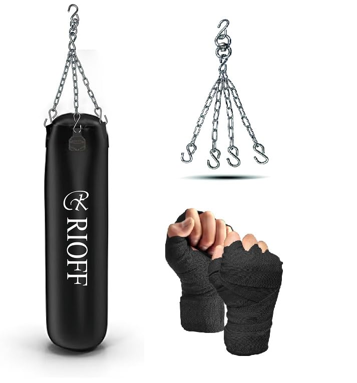 Image of Punching Bag Boxing Bag for Home Heavy Duty with Stainless Steel Hanging Chain 2Feet Unfilled Synthetic Leather and Hand Wrap for (MMA,Kickboxing,Muay Thai,Taekwondo,Judo,Karate). Black