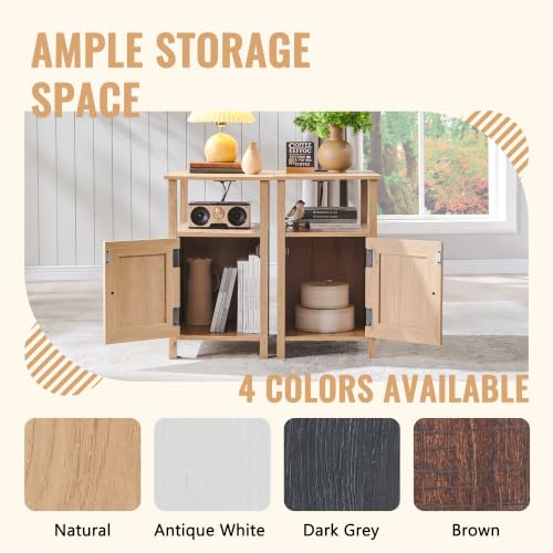 Image of IFBUY Farmhouse Nightstands Set of 2, Narrow Bedside Table with Charging Station, Night Stand Set 2 with Storage & Open Shelf, End Tables w /Groove Barn Door for Bedroom, Living Room-Natural