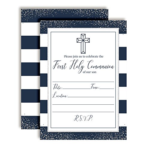 Navy and Silver Stripes First Holy Communion Religious Party Invitations, 20 5"x7" Fill