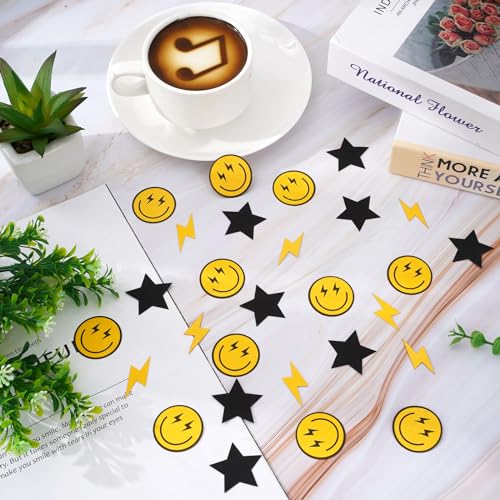 Image of Whaline 300Pcs One Happy Dude Table Confetti Smile Face Lightning Star Shaped Confetti Yellow Black Table Centerpiece for First Birthday Party Decoration