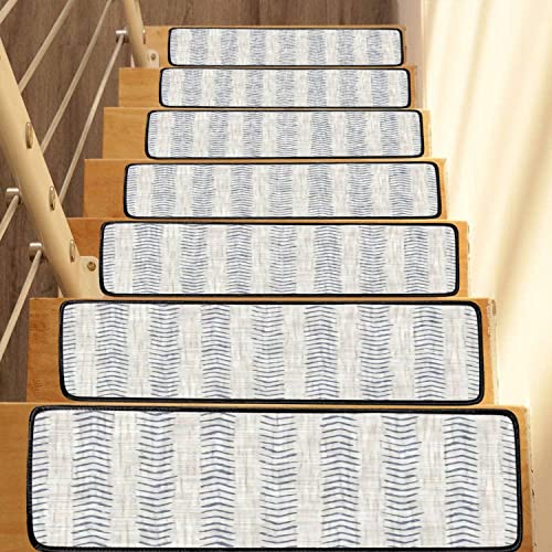 Stair Treads Carpet Set Of 13 Seamless French Farmhouse Herringbone Stripe Provence Blue White Linen Non-Slip Self-Adhesive Safety Rug Stair Mats Step Runner Indoor Wooden Steps For Kids Dogs 30"X8" #TOP2