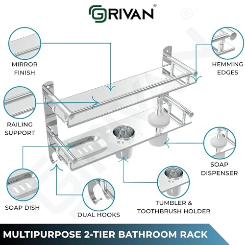 Image of GRIVAN Stainless Steel 6-in-1 Bathroom 2-Tier Shelf Rack with Soap Dish, Toothbrush Holder, Tumbler & Liquid Soap Dispenser (Silver Chrome, 16x10 Inch)