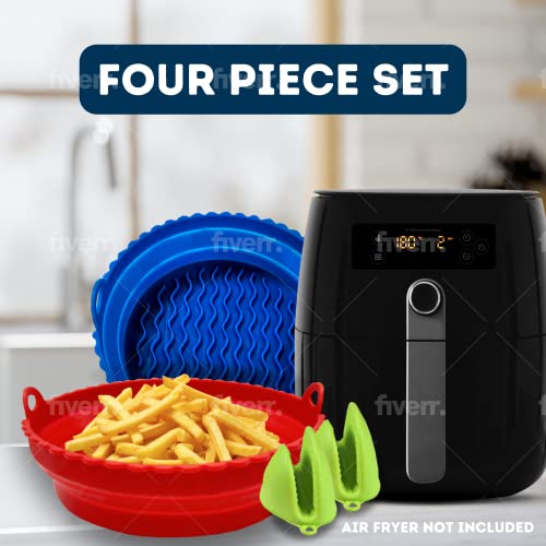 Air Fryer Silicone Liners, 2Pc Red & Blue Silicone Liners + 2Pc Free Gloves | Easy To Clean, Food Safe, & Non-Stick | Air Fryer Basket Accessories & Parchment Paper Replacement (For+2Qt Air Fryers) #TOP4