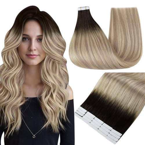 Image of Full Shine Human Hair Extensions Tape in, Brown Beige Blonde Ombre 16 Inch | 50g 20PCS, Invisible Tape Ins Human Hair Extensions, Seamless Straight Finish Party Wear for Dimensional Blonde Look