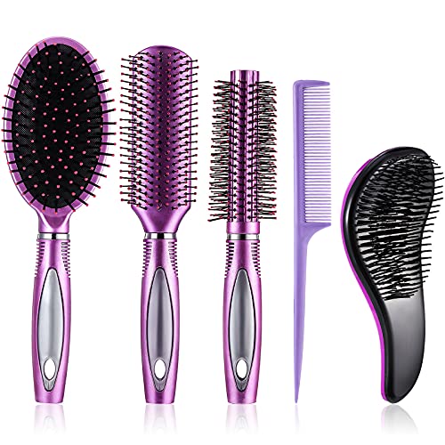 5 Pieces Hair Brush Set Detangling Brush Paddle Brush Round Hair Brush Tail Comb Wet Dry Brush for Women Men Hair Styling (Purple) 5 Pieces Hair Brush Set Detangling Brush Paddle Brush Round Hair Brush Tail Comb Wet Dry Brush for Women Men Hair Styling (Purple)