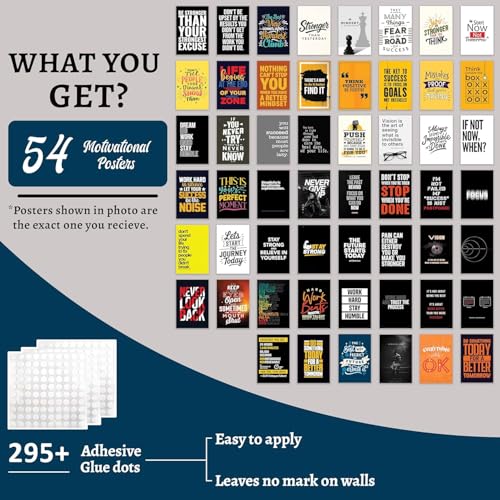 Image of ZENDEN STORE Pack of 54 Motivational Wall Collage Kit Posters - 4x6 Inch, 300 GSM Matte Cardstock with 300+ Glue Dots - Inspirational Decor for Bedroom, Study, Office