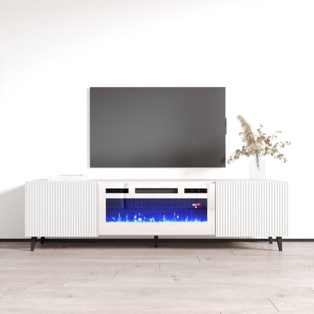 Meble Furniture Pafos WH-EF TV Stand with Electric Fireplace - Modern Rectangular TV Stand with Storage Cabinets - Media Entertainment Center Console Table for TV Up to 80" - White