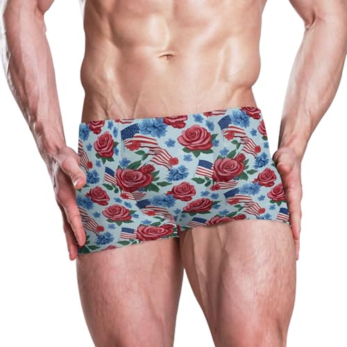 July 4th Independence Day American Flag Rose Mens Swim Trunk Swim Brief Square Leg Board Short S B04046022