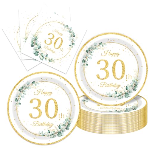 40Pcs Sege Greenery 30th Birthday Decorations for Her Him Eucalyptus-themed Plates and Napkins Set Party Supplies Disposable Sage Tableware for Men Women Happy 30th Birthday Decorations