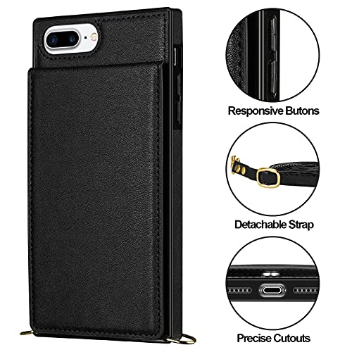 Vofolen For Iphone 7 Plus Case Wallet Card Holder Leather Pu Flip Cover Folio Lanyard Crossbody Strap Women Girl Magnetic Clasp Square Heavy Duty Protective For Iphone 6 Plus/7 Plus/8 Plus Black #TOP3