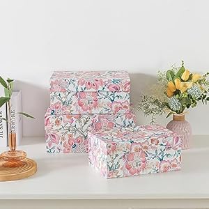 Soul Lane Decorative Storage Boxes with Hinged Lids Pink Chinoiserie Set of 3 Floral Memory Keepsake Boxes with Lids Pretty Large Cardboard Photo Storage for Organizing Home Decor Gifts