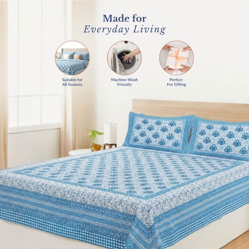 Image of Jaipur Weaves Jaipuri Double Bed Cotton Bedsheet Queen Size 90x85, 120 TC 100% Pure Cotton Bed Sheet with 2 Pillow Covers, Floral Traditional Print (Blue Buta, Double)