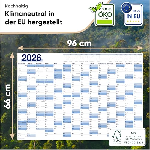UNITURE® Wandkalender 2026 XXL – Großer Jahresplaner & Terminplaner für Büro, Schule & Familie | Übersichtlicher Jahreskalender 2026 I Wandkalender 2026 groß gefalzt I Calendar 66 x 96 cm