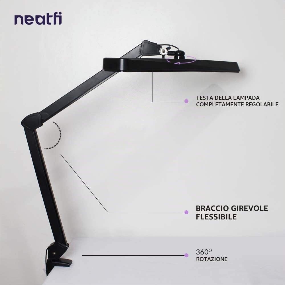 Neatfi XL Lampada da Lavoro LED per Tavolo Manicure, Hobby, Banco da Lavoro e Ufficio – Luce da Scrivania con Testa da 56 cm | 4 Livelli di Luminosità (Nero, Non-CCT con morsetto)