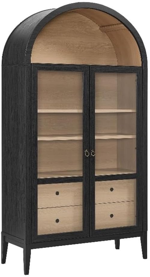Modway Nolan Tall Arched Storage Display Cabinet in Black Oak - 74 Inch Arch Bookshelf with Glass Doors, Shelves and Drawers - Modern Accent Cabinet for Living Room, Dining Room