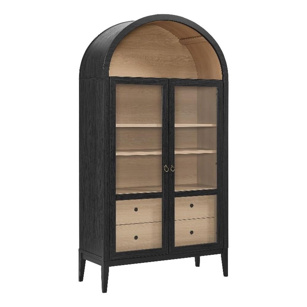 Modway Nolan Tall Arched Storage Display Cabinet in Black Oak - 74 Inch Arch Bookshelf with Glass Doors, Shelves and Drawers - Modern Accent Cabinet